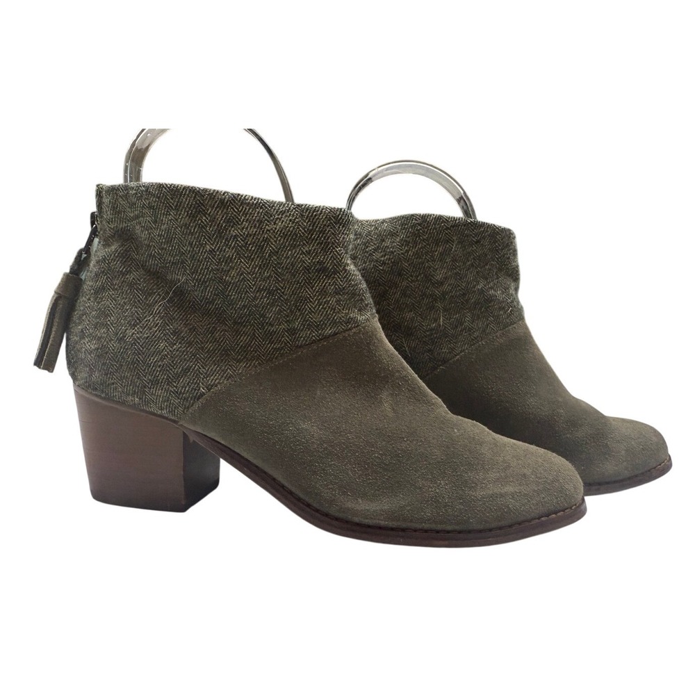 TOMS Women's Leila Ankle Bootie Tarmac Olive Suede/Herringbone Size 8